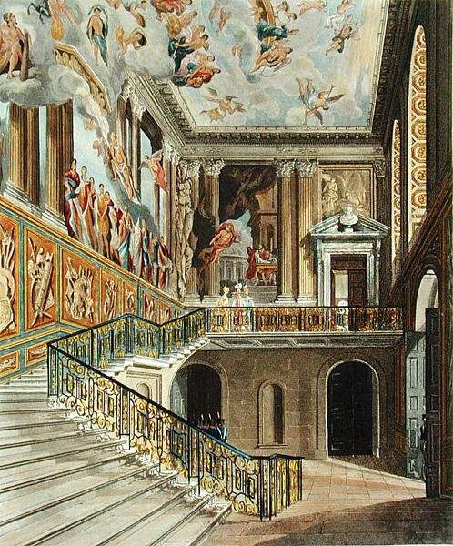 The Great Staircase at Hampton Court Palace from Pyne's 'Royal Residences' engraved by Richard Reeve (b.1780) published in 1819 by Thomas Hosmer Shepherd