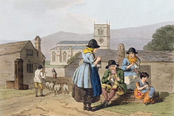 Wensleydale knitters, from Costume of Yorkshire engraved by Robert Havell (1769-1832) 1814