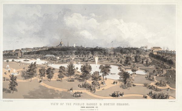 View of the Public Garden and Boston Common from Arlington Street, engraved by J.H. Bufford, 1866