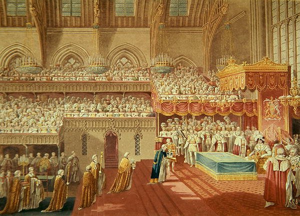 Procession of the Dean and Prebendaries of Westminster bearing the Regalia, from an album celebrating the Coronation of King George IV (1762-1830) 19th July 1821, engraved by Matthew Dubourg (fl.1786-1838) published 1824