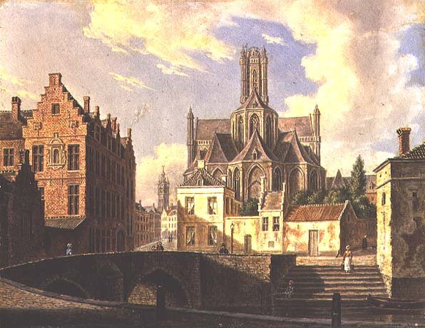 Town View with Figure fishing in a Canal