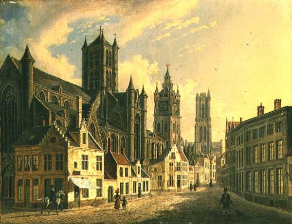 Town View with Figures on a Cobbled Street
