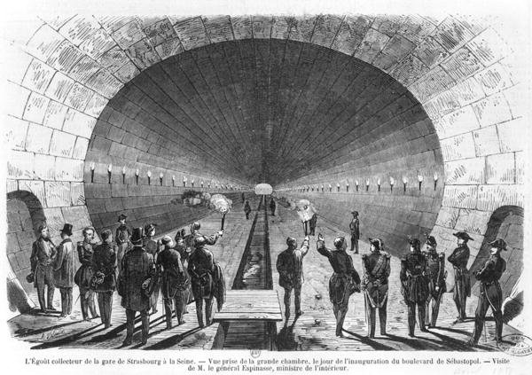 Main sewer from the Strasbourg Station to the Seine. Official visit of the Minister of Interior, General Charles Marie Esprit Espinasse (1815-59) April 1858