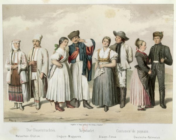 Costumes of Peasants from (L to R) Romania, Hungary, Slovakia and Germany, from 'Esquisses de la Vie Populaire en Hongroie by Gabriel de Pronay, 1855