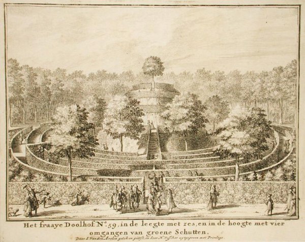 Topiary maze with four exits and a central mound, engraved by Johannes Van den Aveele d.1727