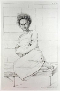 Woman in a straitjacket, illustration for Des Maladies Mentales considerees sous le rapport medical, hygienique et medico-legal, by Etienne Esquirol 1772-1840, 1838