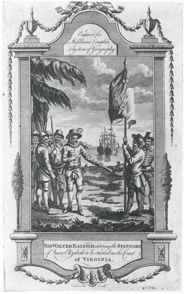 Sir Walter Raleigh 1552-1618 ordering the standard of Queen Elizabeth to be erected on the coast of Virginia, 1584, engraved by the artist for Middletons Complete System of Geography