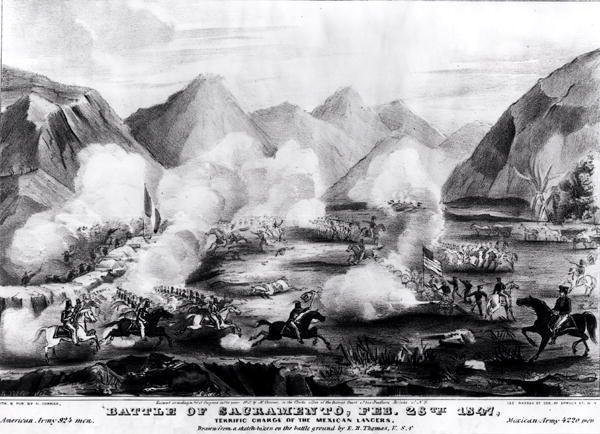 Battle of Sacramento- Terrific Charge of the Mexican Lancers, February 28th 1847, engraved and published by Nathanial Currier 1813-88 1847