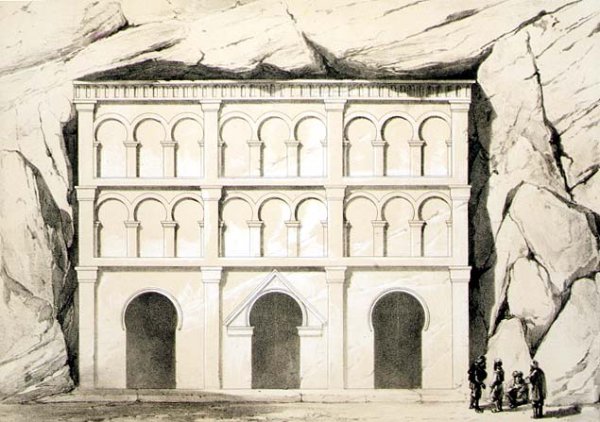 View of the grotto at Urgub demonstrating that the horseshoe arch is of Byzantine rather than Muslim origin, pub. by Day & Son