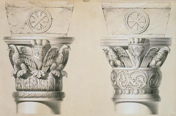 Byzantine capitals from columns in the nave of the church of St. Demetrius in Thessalonica, pub. by Day & Son 2