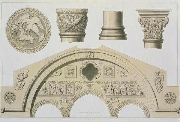 Details of a sculptured arch and columns from St. Sophias, Trebizond, pub. by Day and Son