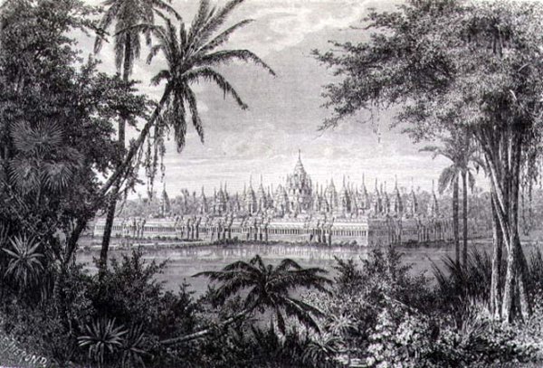 Angkor Thom showing the restoration of the Monument with Fifty Four Towers or Baion, engraved by J. Gauchard, book illustration from A Journey of Exploration in Indo-China, pub. c.1873