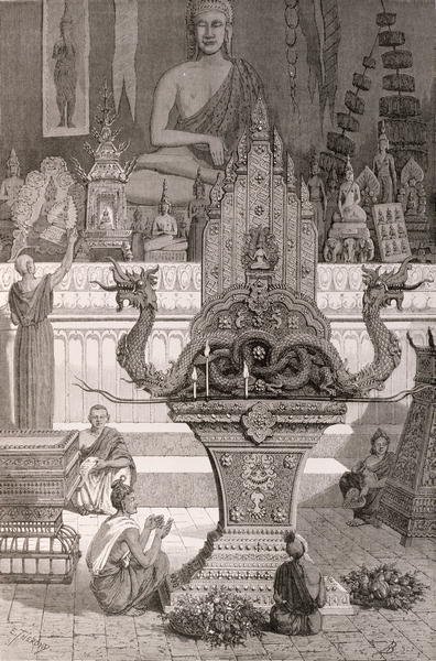 Interior of the Pagoda with Ancient-Antique Candle Stands at Xieng Cang, book illustration from A Journey of Exploration in Indo-China, pub. c.1873