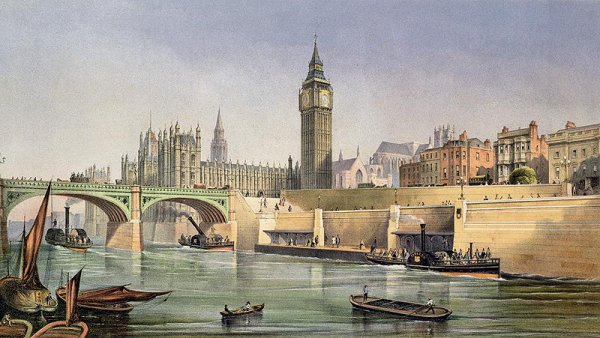 Thames Embankment showing the Steam Boat Landing Pier at Westminster Bridge, engraved by Day and Son, 1864