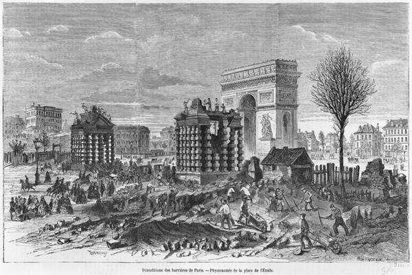 Demolition of the Paris barriers, Arc de Triomphe and Place de lEtoile, engraved by Henry Duff Linton 1815-99 1860