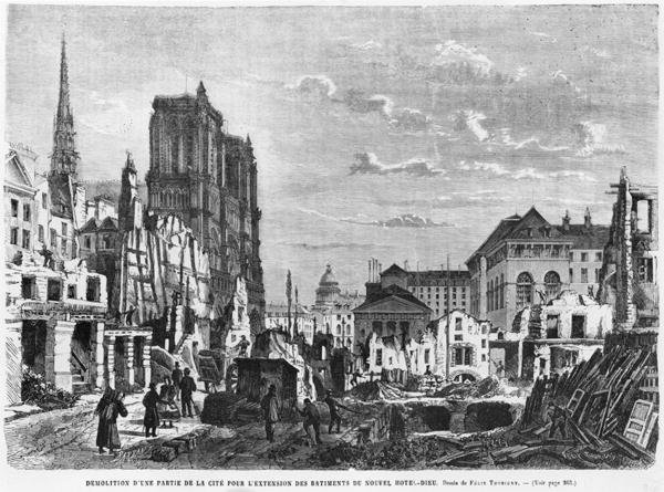 Paris, demolition of a part of the Cite to extend the buildings of the new Hotel-Dieu, engraved by Charles Barbant d.1922