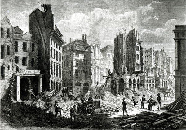 Construction of the Boulevard de Sebastopol now the Boulevard du Palais, in the Second Empire. View of the demolition of the Rue de la Barillerie in 1859, pub. by Henry Duff Linton 1815-99