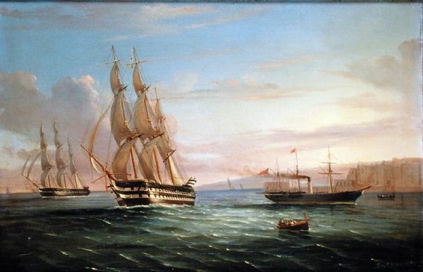 Ship from a British Squadron and Other Craft underway in the Western Reaches of the Bay of Naples