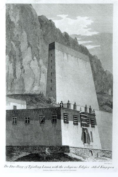 The Dwelling of Tefsaling Lama with the Religious Edifice Stiled Kugopea, from Account of an Embassy to the Court of the Teshoo Lama in Tibet by Captain Turner, published 1800