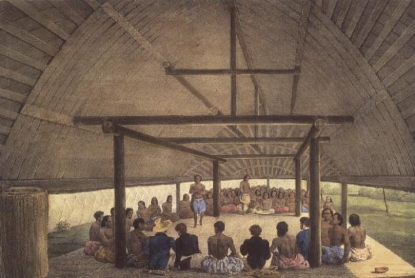 The Kava ceremony with Chief Palou, Tonga Tabou, plate 69 from Voyage de la corvette l'Astrolabe. Atlas historique, engraved by Alexis Nicolas Noel, pub. 1833