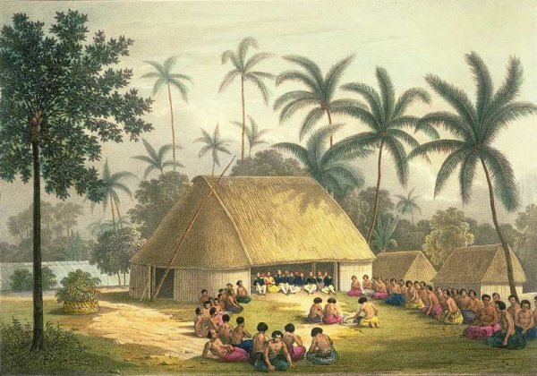 Chief Palou receives the ships officers of the Astrolabe, Tonga Tabou, plate 68 from Voyage de la corvette lAstrolabe. Atlas historique, engraved by Louis Leborne, pub. 1833