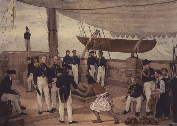 Tonga-Tabou, Vadodai asks for an end to hostilities, plate 88 of Voyage de la corvette lAstrolabe. Atlas historique, engraved by Victor Adam, 1833