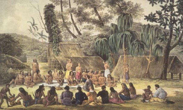 The Chiefs of Tikopia receiving the officers of the Astrolabe, plate 174 from Voyage de la corvette lAstrolabe. Atlas historique, engraved by Victor Adam, pub. 1833