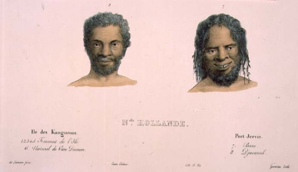 Djacamel and Bam, portraits of Tasmanian and Australian aborigines, plate 12 of Voyage de la corvette lAstrolabe. Atlas historique, engraved by Hippolyte Louis Garnier 1802-55, 1833