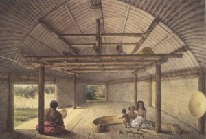 Interior view of the house of Chief Palous wives, Tonga Tabou, plate 73 from Voyage de la corvette lAstrolabe. Atlas historique, engraved by Jules David, pub. 1833