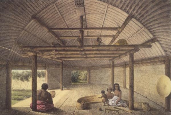 Interior view of the house of Chief Palous wives, Tonga Tabou, plate 73 from Voyage de la corvette lAstrolabe. Atlas historique, engraved by Jules David, pub. 1833