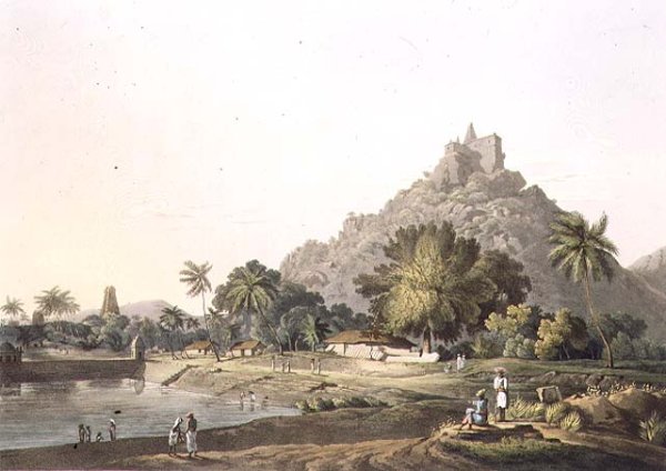 Pagodas at Trinchicunum, plate XI, engraved by Daniel Havell 1785-1826 1809