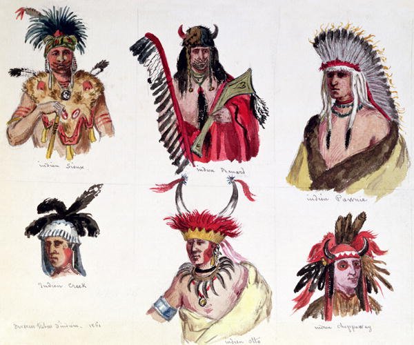 Portraits of Six American Indians from the Sioux, Renard, Pawnee, Creek, Otto and Chippewa Tribes, 1861