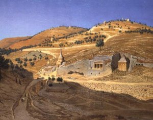 A hilly landscape with Arabs and a ruined temple