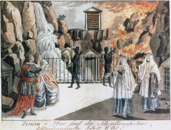 Tamino and Pamina before the temple, scene from 'The Magic Flute' by Wolfgang Amadeus Mozart (1756-91), illustration from Allgemeines Europaisches Journal, published 1795