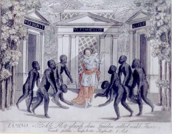 Tamino plays the magic flute to ward off the wild beasts, Act I scene xv, from The Magic Flute by Wolfgang Amadeus Mozart 1756-91, c.1793
