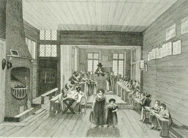 Interior View of the School connected with John Bunyan's Meeting House in Zoar Street, Southwark, engraved by Dale, 1822