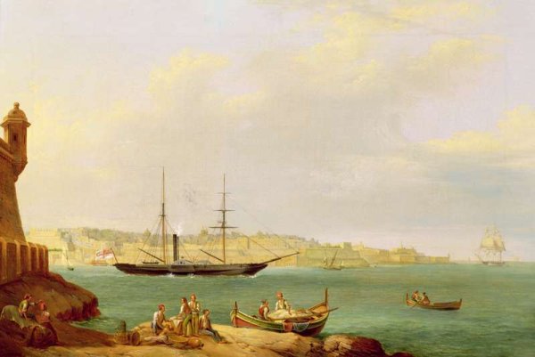 H.M.S. Vesuvius leaving Grand Harbour, Valletta, Malta