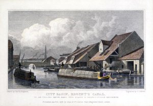 City Basin, Regents Canal, engraved by F.J. Havell, 1827