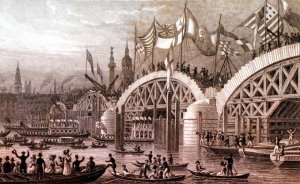 New London Bridge with the Lord Mayors Procession Passing under the Unfinishd Arches, engraved by Thomas Higham 1796-1844 pub. by Jones and Co. November 1828