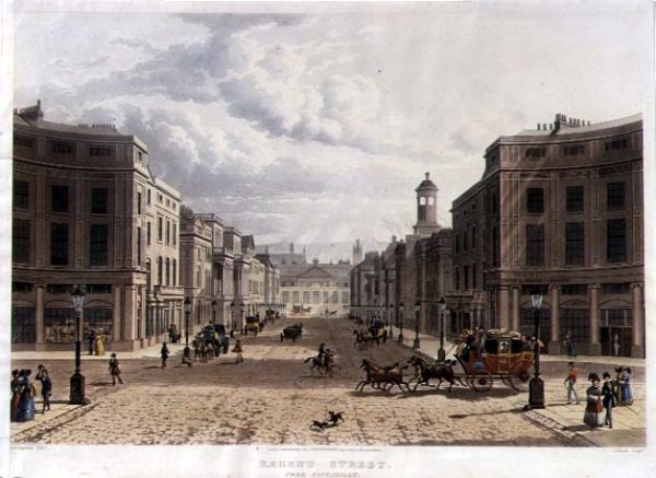 Regent Street, from Piccadilly, engraved by J. Bluck fl.1791-1831, pub. 1822 by Ackermanns Repository of Arts