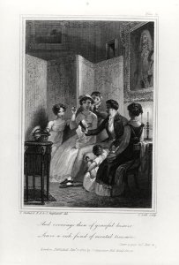 Family Scene - Evening in the Drawing Room, from 'The Social Day' by Peter Coxe, engraved by J. Scott, published 1822
