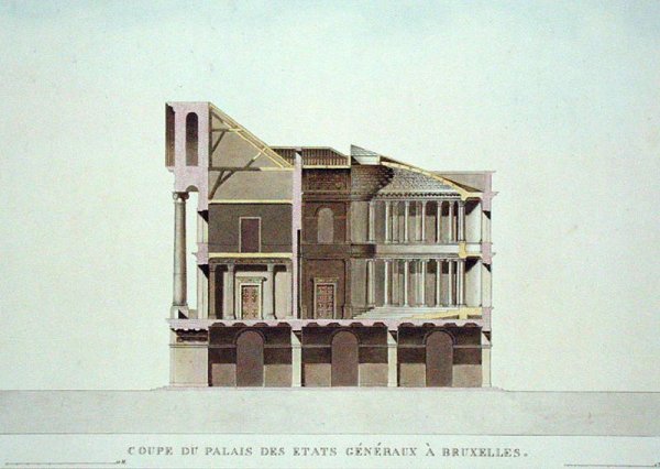 Cross Section of the Palais des Etats Generaux, Brussels, from Choix des Monuments, Edifices et Maisons les plus remarquables du Royaume des Pays-Bas by Pierre Jacques Goetghebuer, published 1827 2