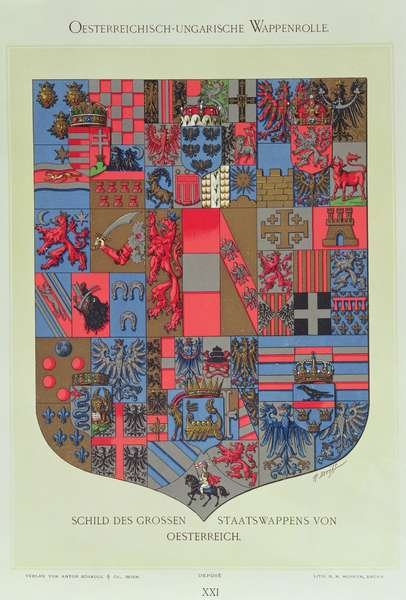 Coat of Arms of the Austro-Hungarian Empire, showing the armorial bearings of the Imperial Austrian Court engraved by R. M. Rohrer