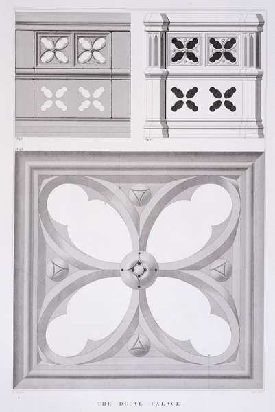 The Ducal Palace, Compartments of the Southern Balcony, from Examples of the Architecture of Venice by John Ruskin, aquatint by R.P. Cuff, 1851