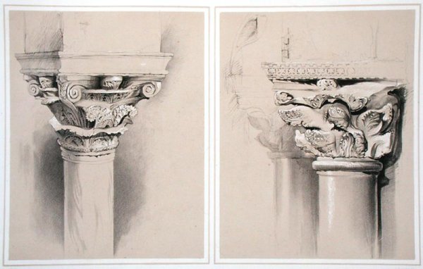 Torcello, Capital of Nave Pillar and St. Mark's, Capital from Central Porch, from Examples of the Architecture of Venice by John Ruskin, engraved by G. Rosenthal, 1851