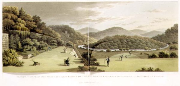 General View from the South and East Fronts of the Cottage at Endsleigh, Devon Before from Fragments on the Theory and Practice of Landscape Gardening, pub. 1816