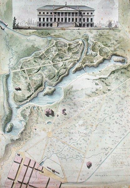 Peterhof, Russia Elevation of the English Palace and plan of the park