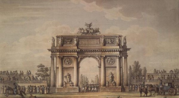 View of the Narva Gates in St. Petersburg with stands for spectators, 1814