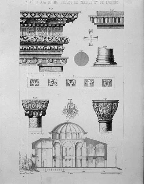 Cross section and architectural details of Kutciuk Aja Sophia, the church of Sergius and Bacchus, from Church Architecture of Constantinople, pub. by Lehmann and Wentzel of Vienna, c.1870-80