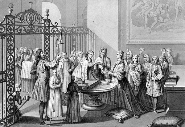 Baptism according to the Church of Rome in the 18th century, engraved by A. Thorn, from World Religion, published by A. Fullarton and Co.